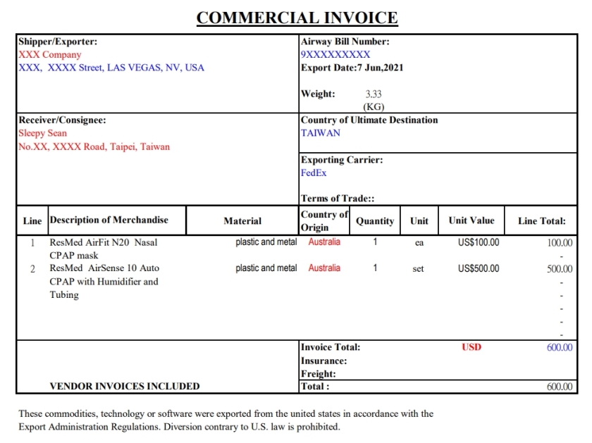 Commercial invoice